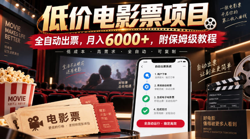 低价电影票项目,全自动出票,月入6000+,附保姆级教程【揭秘】-虚拟资料库