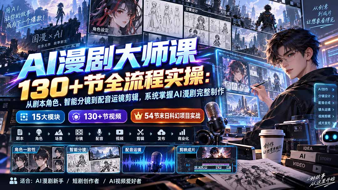 AI漫剧大师课130+节全流程实操:从剧本角色、智能分镜到配音运镜剪辑,系统掌握AI漫剧完整制作-虚拟资料库