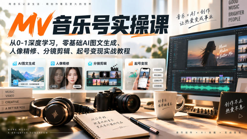 AI MV音乐号实操课,从0-1深度学习,零基础AI图文生成、人像精修、分镜剪辑、起号变现实战教程-虚拟资料库