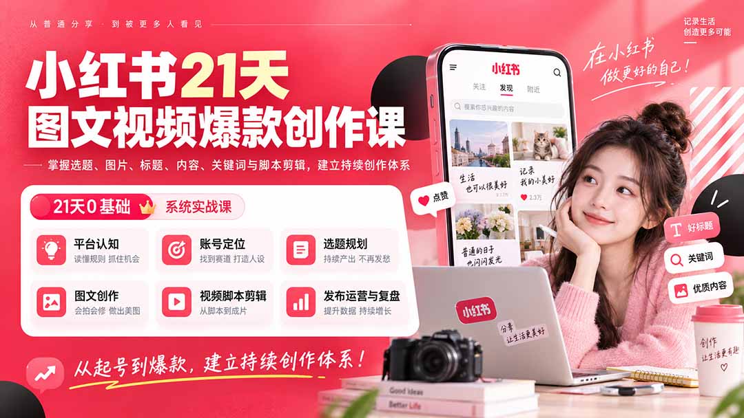 小红书21天图文视频爆款创作课:掌握选题、图片、标题、内容、关键词与脚本剪辑,建立持续创作体系-虚拟资料库