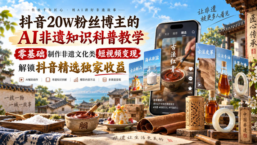 抖音20W粉丝博主的AI非遗知识科普教学,零基础制作非遗文化类短视频变现,解锁抖音精选独家收益-虚拟资料库