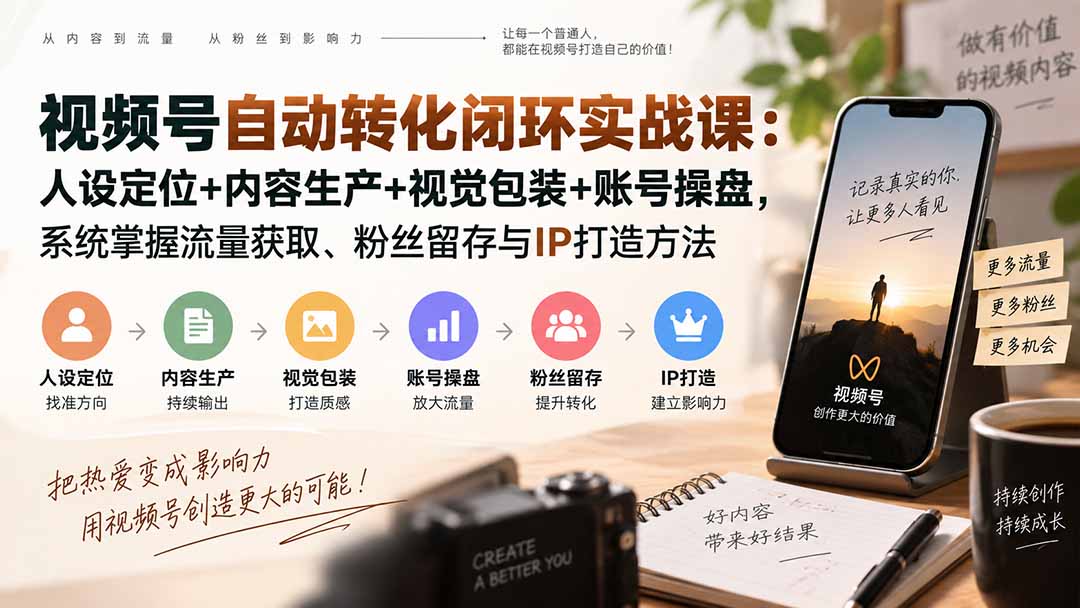 视频号自动转化闭环实战课:人设定位+内容生产+视觉包装+账号操盘,系统掌握流量获取、粉丝留存与IP打造方法-虚拟资料库