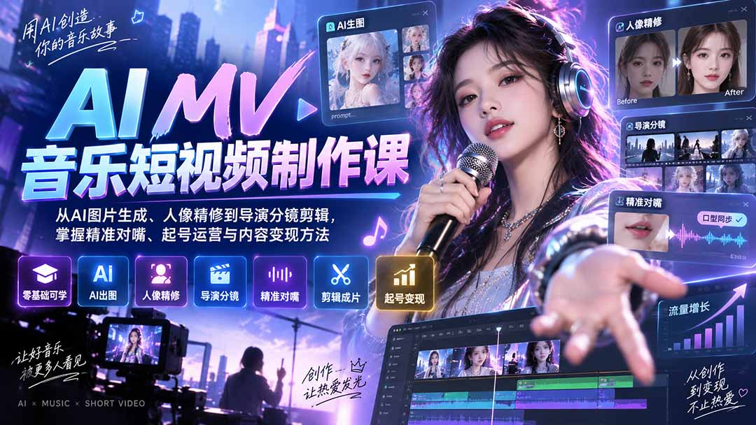 AI MV音乐短视频制作课：从AI图片生成、人像精修到导演分镜剪辑，掌握精准对嘴、起号运营与内容变现方法-虚拟资料库