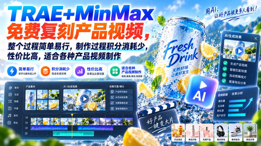 TRAE+MinMax免费复刻产品视频,整个过程简单易行,制作过程积分消耗少,性价比高,适合各种产品视频制作-虚拟资料库
