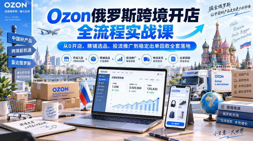 Ozon俄罗斯跨境开店全流程实战课|从0开店、精铺选品、投流推广到稳定出单回款全套落地-虚拟资料库