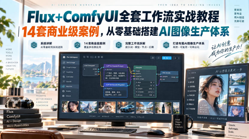 Flux+ComfyUI全套工作流实战教程|14套商业级案例,从零基础搭建AI图像生产体系-虚拟资料库