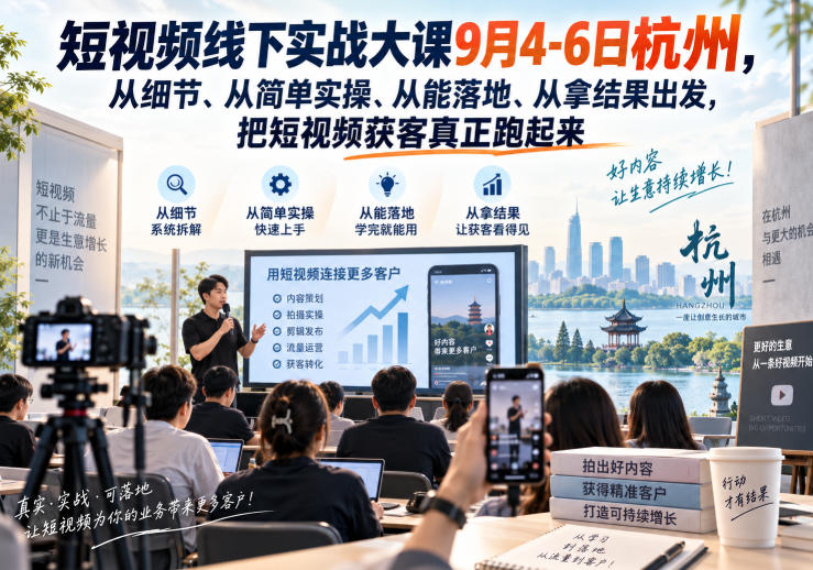 短视频线下实战大课9月4-6日杭州,从细节、从简单实操、从能落地、从拿结果出发,把短视频获客真正跑起来-虚拟资料库
