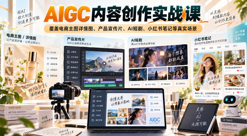 AIGC内容创作实战课,覆盖电商主图详情图、产品宣传片、AI短剧、小红书笔记等真实场景-虚拟资料库