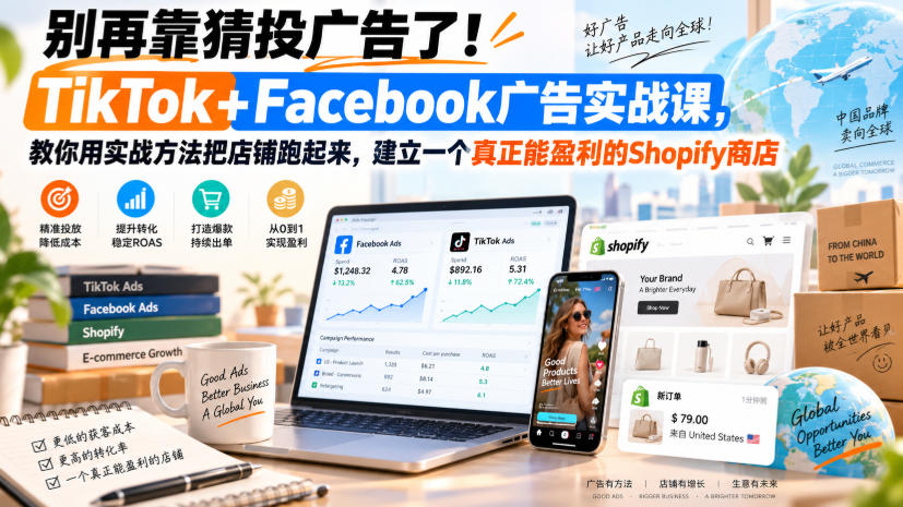 别再靠猜投广告了！TikTok+Facebook广告实战课，教你用实战方法把店铺跑起来，建立一个真正能盈利的Shopify商店【原创双语字幕】-虚拟资料库