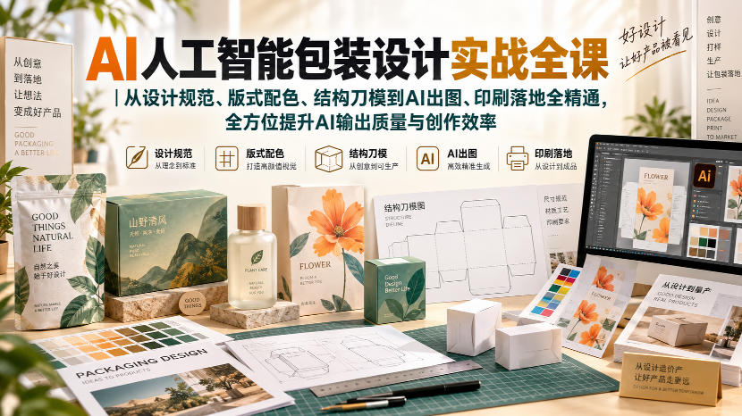 AI人工智能包装设计实战全课|从设计规范、版式配色、结构刀模到AI出图、印刷落地全精通-虚拟资料库