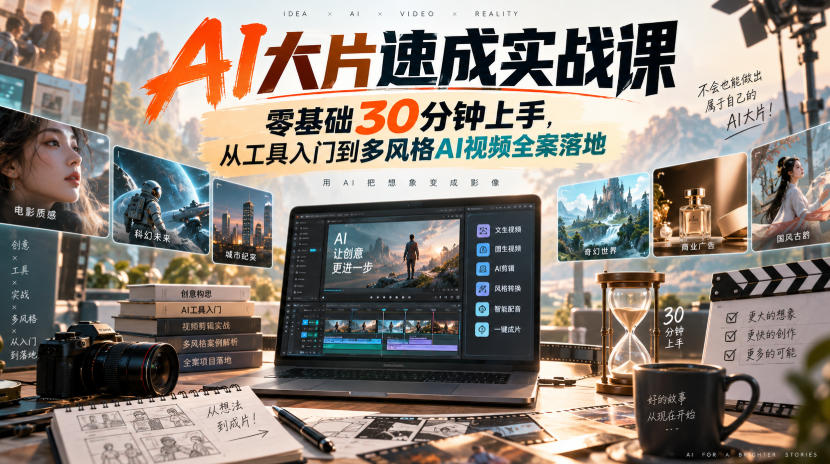 AI大片速成实战课|零基础30分钟上手,从工具入门到多风格AI视频全案落地-虚拟资料库