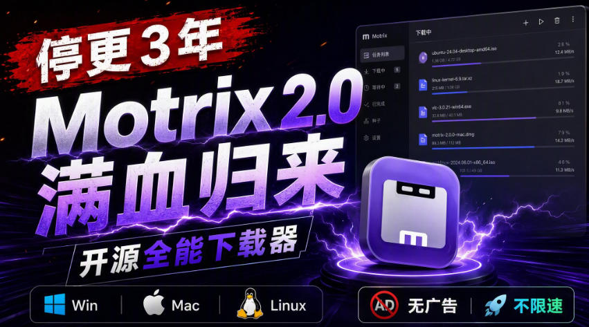 停更3年,Motrix 2.0满血归来:开源全能下载器,Win/Mac/Linux通吃,无广告不限速-虚拟资料库