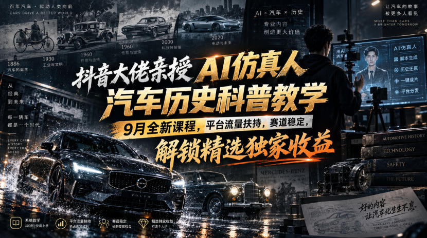 抖音大佬亲授AI仿真人汽车历史科普教学,9月全新课程,平台流量扶持,赛道稳定,解锁精选独家收益-虚拟资料库