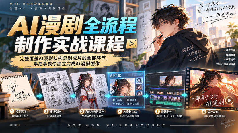 AI漫剧全流程制作实战课程,完整覆盖AI漫剧从构思到成片的全部环节,手把手教你独立完成AI漫剧创作-虚拟资料库