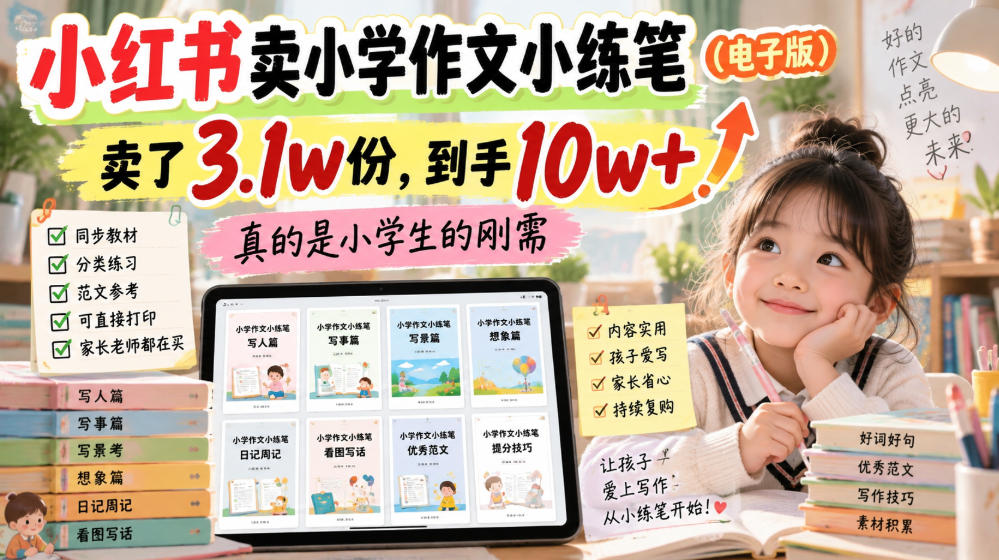 小红书卖小学作文小练笔(电子版)，卖了3.1w份，到手10w+，真的是小学生的刚需-虚拟资料库
