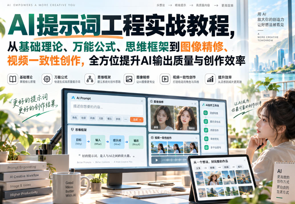 AI提示词工程实战教程,从基础理论、万能公式、思维框架到图像精修、视频一致性创作,全方位提升AI输出质量与创作效率-虚拟资料库