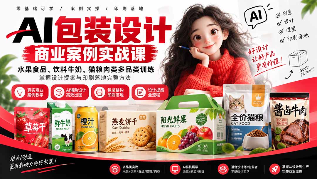 AI包装设计商业案例实战课：水果食品、饮料牛奶、猫粮肉类多品类训练，掌握设计提案与印刷落地完整方法-虚拟资料库