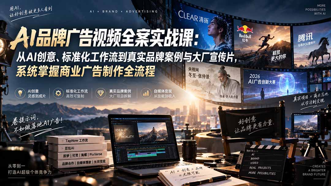 AI品牌广告视频全案实战课:从AI创意、标准化工作流到真实品牌案例与大厂宣传片,系统掌握商业广告制作全流程-虚拟资料库