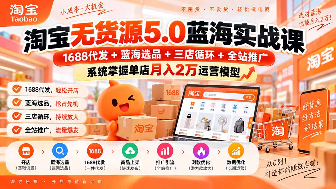 淘宝无货源5.0蓝海实战课-更新:1688代发+蓝海选品+三店循环+全站推广,系统掌握单店月入2万运营模型-虚拟资料库