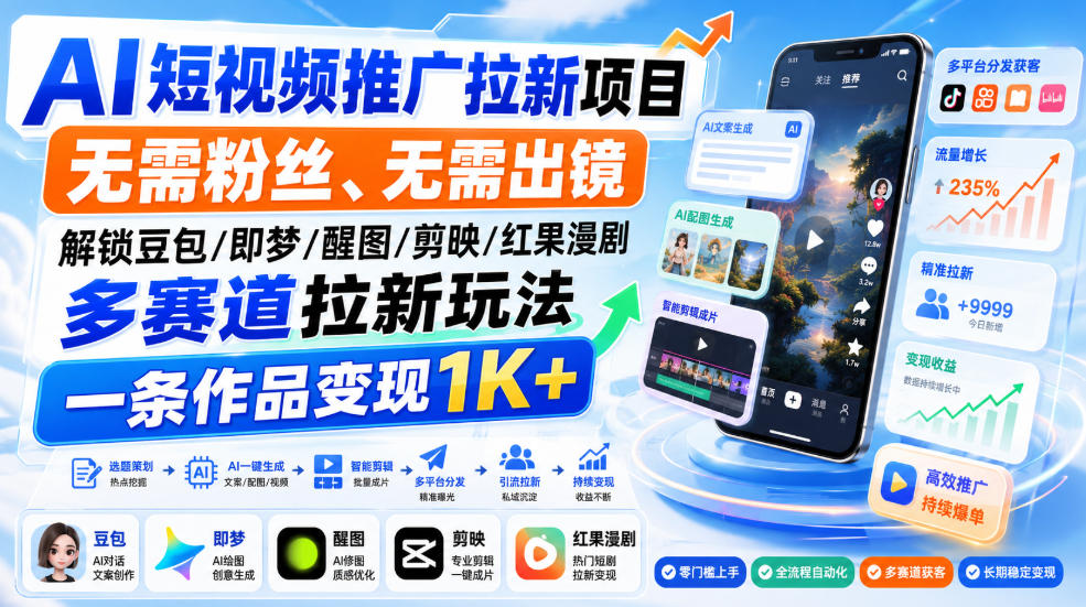 AI短视频推广拉新项目，无需粉丝、无需出镜，解锁豆包/即梦/醒图/剪映/红果漫剧多赛道拉新玩法，一条作品变现1K+(更新0910)-虚拟资料库
