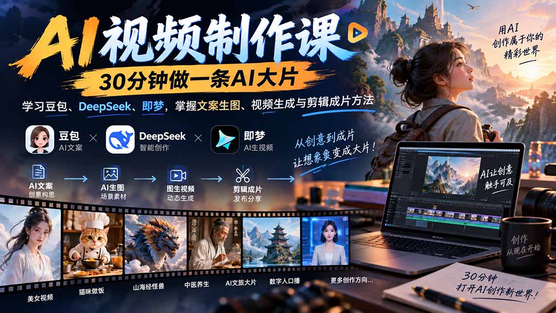 AI视频制作课-30分钟做一条AI大片:学习豆包、DeepSeek、即梦,掌握文案生图、视频生成与剪辑成片方法-虚拟资料库