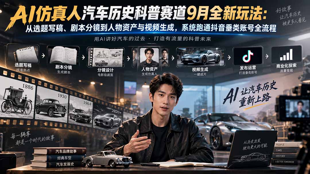 AI仿真人汽车历史科普赛道9月全新玩法:从选题写稿、剧本分镜到人物资产与视频生成,系统跑通抖音垂类账号全流程-虚拟资料库