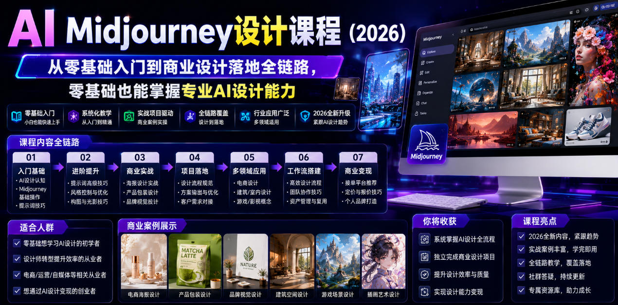 AI Midjourney设计课程(2026),从零基础入门到商业设计落地全链路,零基础也能掌握专业AI设计能力(更新0913)-虚拟资料库