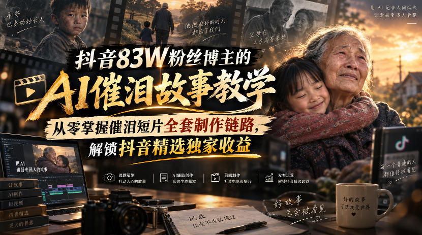 抖音83W粉丝博主的AI催泪故事教学,从零掌握催泪短片全套制作链路,解锁抖音精选独家收益-虚拟资料库