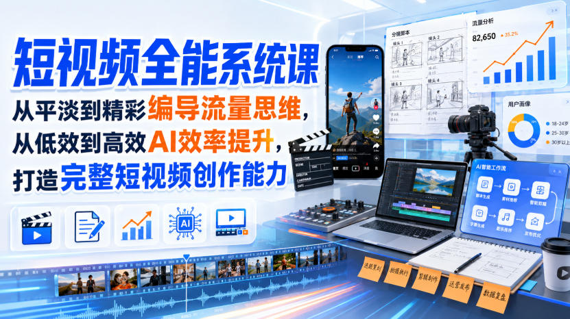短视频全能系统课，从平淡到精彩编导流量思维，从低效到高效AI效率提升，打造完整短视频创作能力(完整版)-虚拟资料库