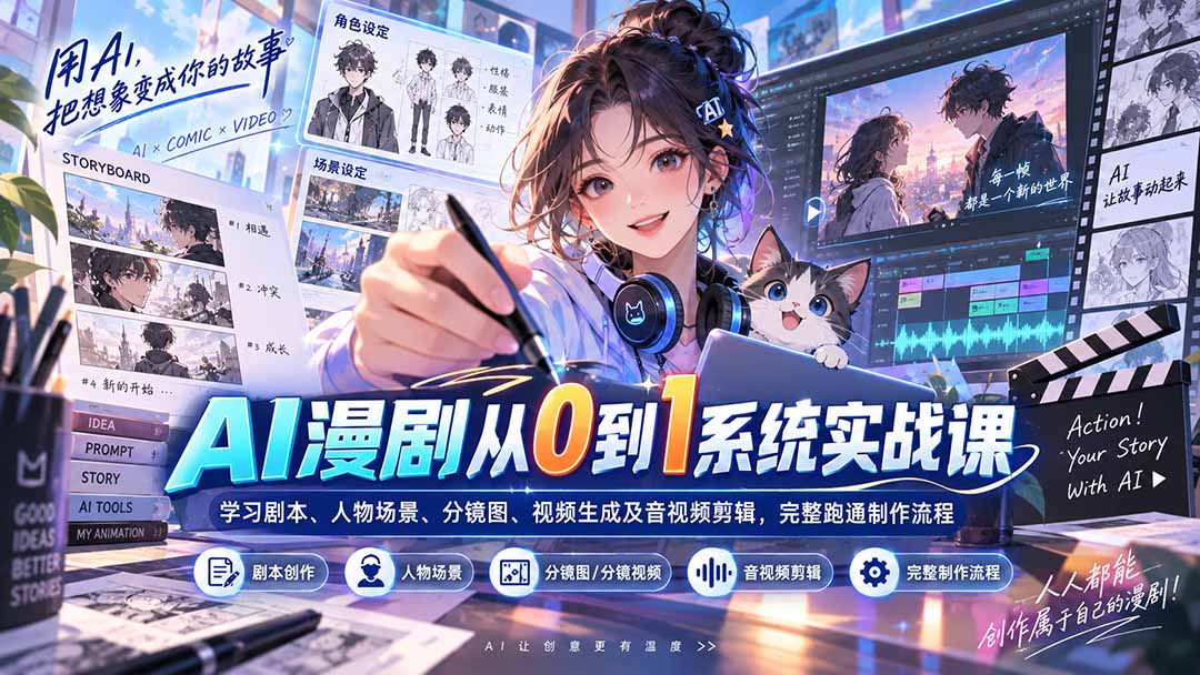 AI漫剧从0到1系统实战课:学习剧本、人物场景、分镜图、视频生成及音视频剪辑,完整跑通制作流程-虚拟资料库