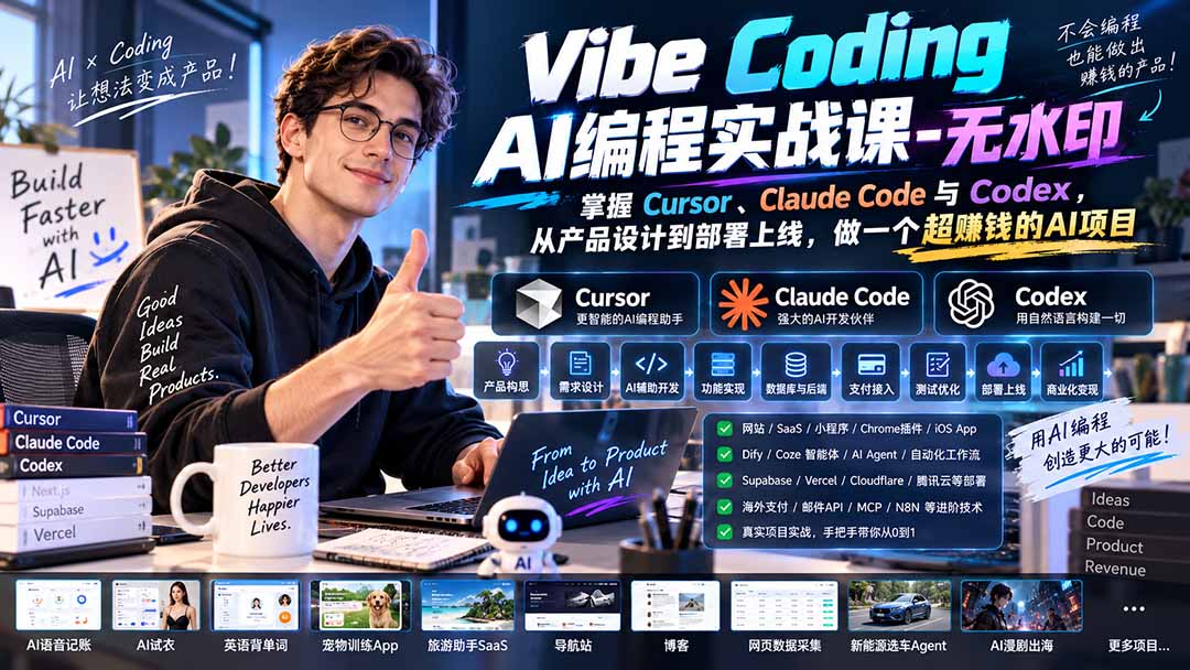 Vibe Coding AI编程实战课-无水印：掌握Cursor、Claude Code与Codex，从产品设计到部署上线，做一个超赚钱的AI项目-虚拟资料库