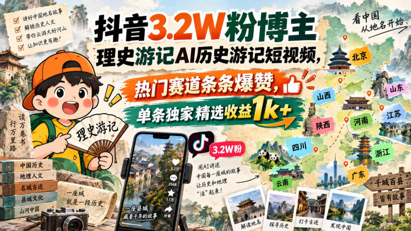 抖音3.2W粉博主理史游记AI历史游记短视频教学,热门赛道条条爆赞,单条独家精选收益1k+-虚拟资料库