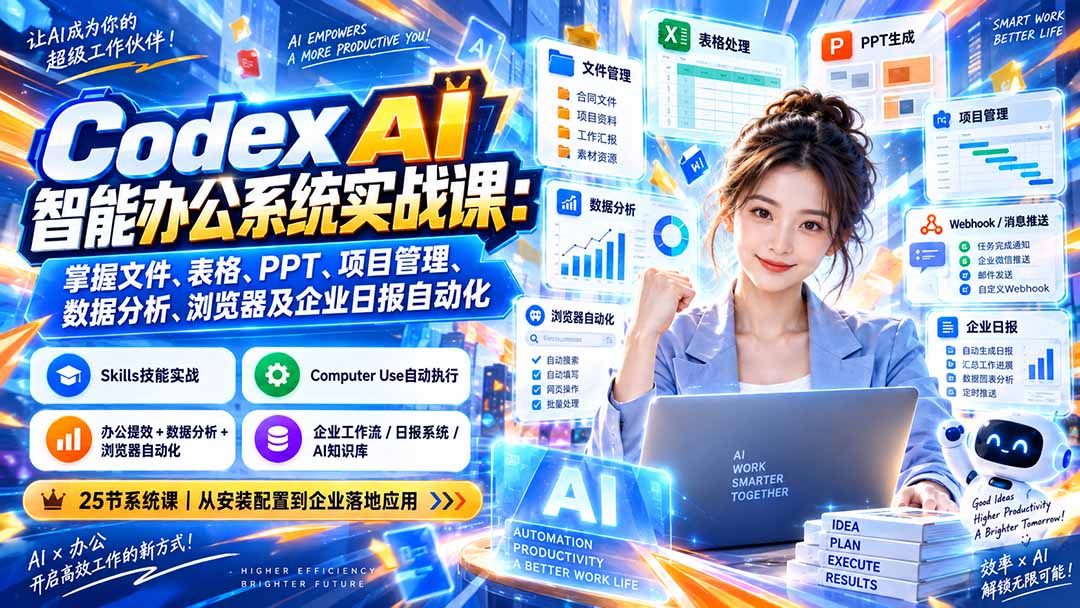 Codex AI智能办公系统实战课:掌握文件、表格、PPT、项目管理、数据分析、浏览器及企业日报自动化-虚拟资料库
