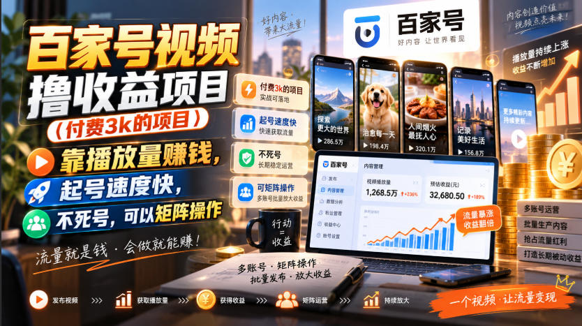 百家号视频撸收益项目(付费3k的项目),靠播放量賺钱,起号速度快,不死号,可以矩阵操作-虚拟资料库