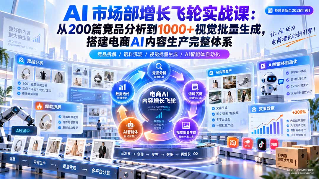 AI 市场部增长飞轮实战课:从200篇竞品分析到1000+视觉批量生成,搭建电商AI内容生产完整体系-虚拟资料库