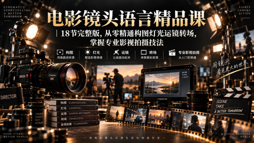 电影镜头语言精品课|18节完整版,从零精通构图灯光运镜转场,掌握专业影视拍摄技法-虚拟资料库
