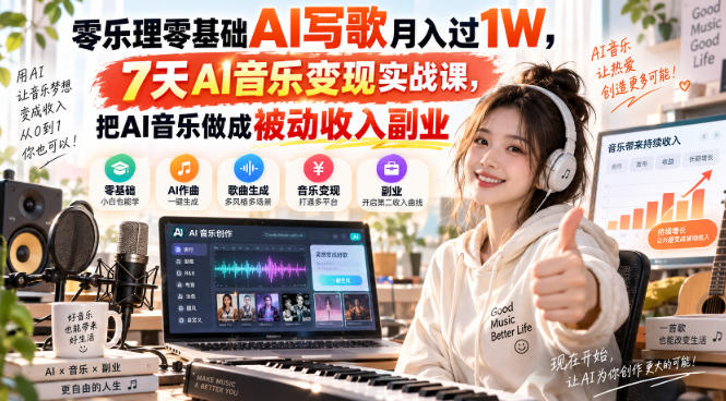 零乐理零基础AI写歌月入过1W，7天AI音乐变现实战课，把AI音乐做成被动收入副业-虚拟资料库
