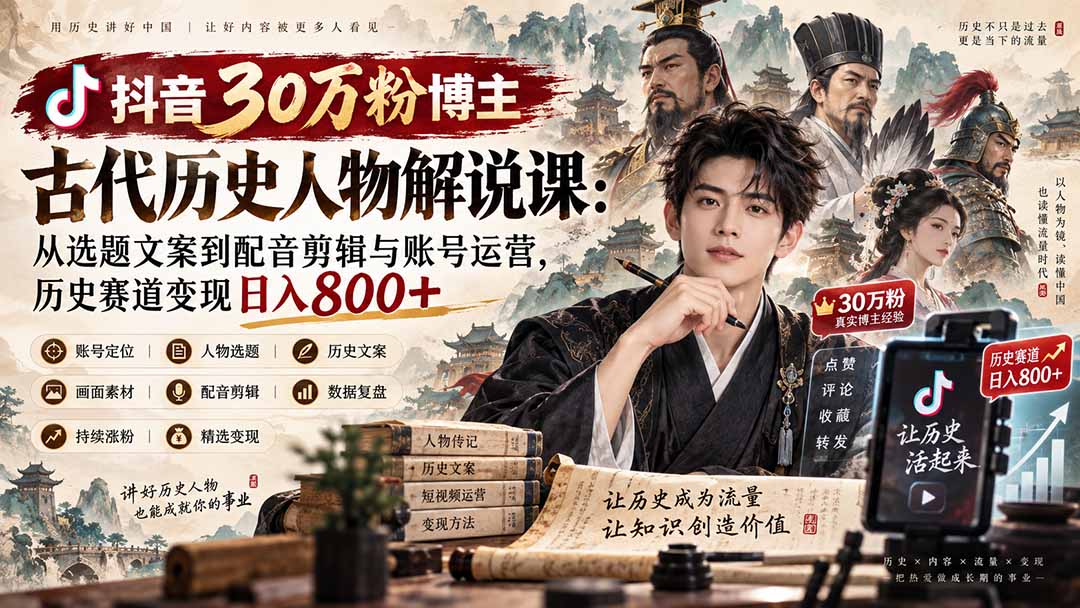抖音30万粉博主古代历史人物解说课:从选题文案到配音剪辑与账号运营,历史赛道变现日入800+-虚拟资料库