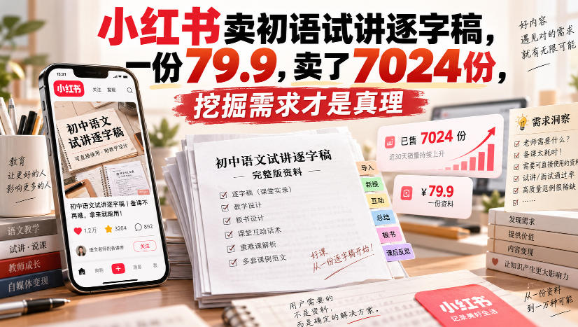 小红书卖初语试讲逐字稿,一份79.9,卖了7024份,挖掘需求才是真理-虚拟资料库