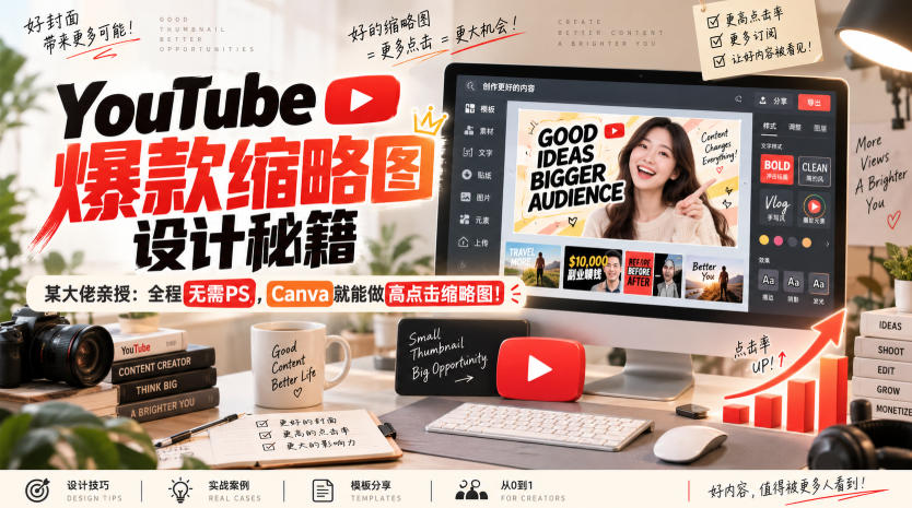YouTube爆款缩略图设计秘籍，某油管大佬(610万订阅者)亲授，全程无需PS，Canva就能做高点击缩略图！【原创双语字幕】-虚拟资料库