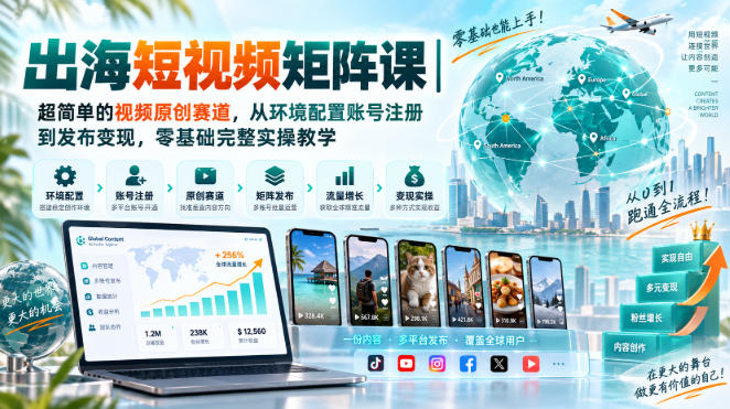 出海短视频矩阵课|超简单的视频原创赛道,从环境配置账号注册到发布变现,零基础完整实操教学-虚拟资料库