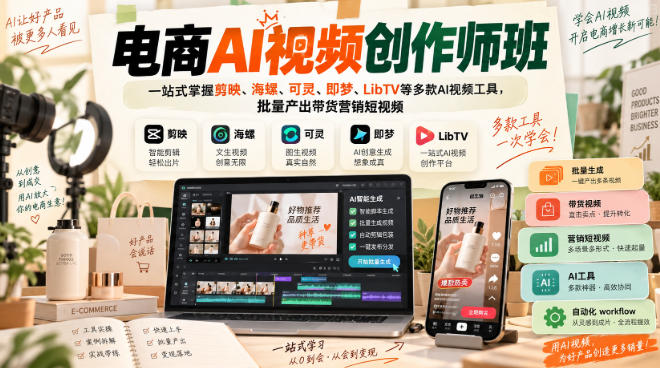 电商AI视频创作师班,一站式掌握剪映、海螺、可灵、即梦、LibTV等多款AI视频工具,批量产出带货营销短视频-虚拟资料库
