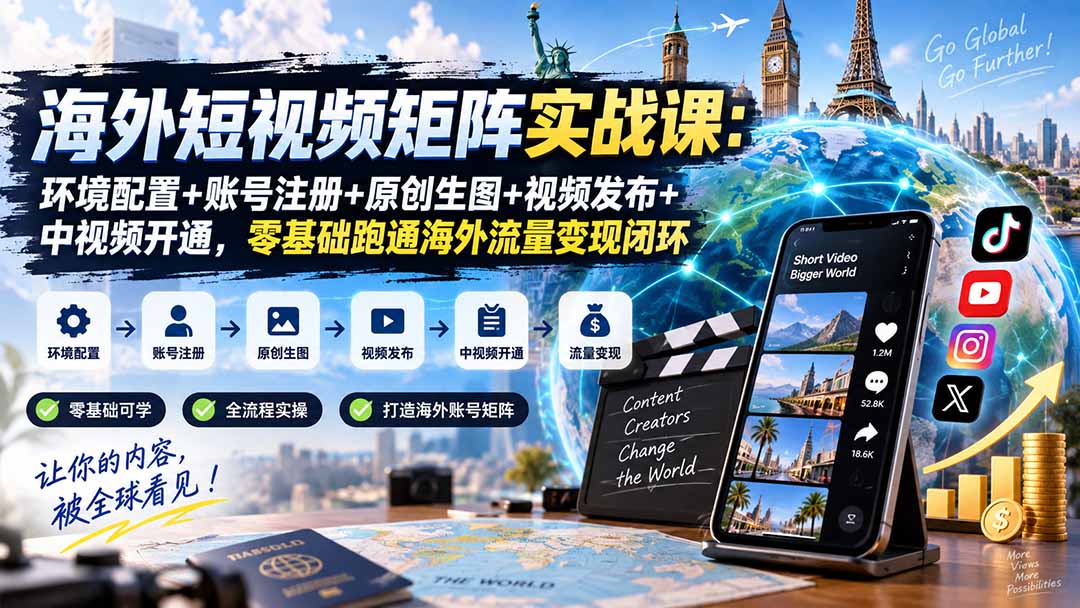 海外短视频矩阵实战课：环境配置+账号注册+原创生图+视频发布+中视频开通，零基础跑通海外流量变现闭环-虚拟资料库