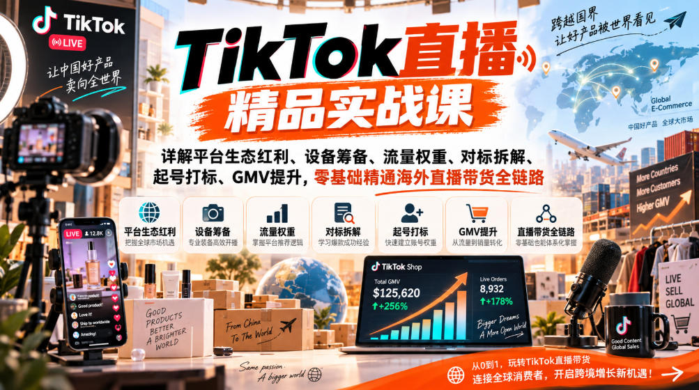 TikTok直播精品实战课，详解平台生态红利、设备筹备、流量权重、对标拆解、起号打标、GMV提升，零基础精通海外直播带货全链路-虚拟资料库
