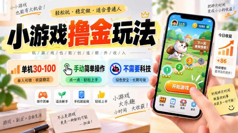 小游戏撸金玩法，单机30-100，手动简单操作，不需要科技-虚拟资料库