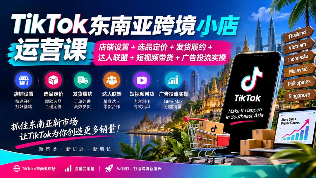 TikTok东南亚跨境小店运营课：店铺设置+选品定价+发货履约+达人联盟+短视频带货+广告投流实操-虚拟资料库