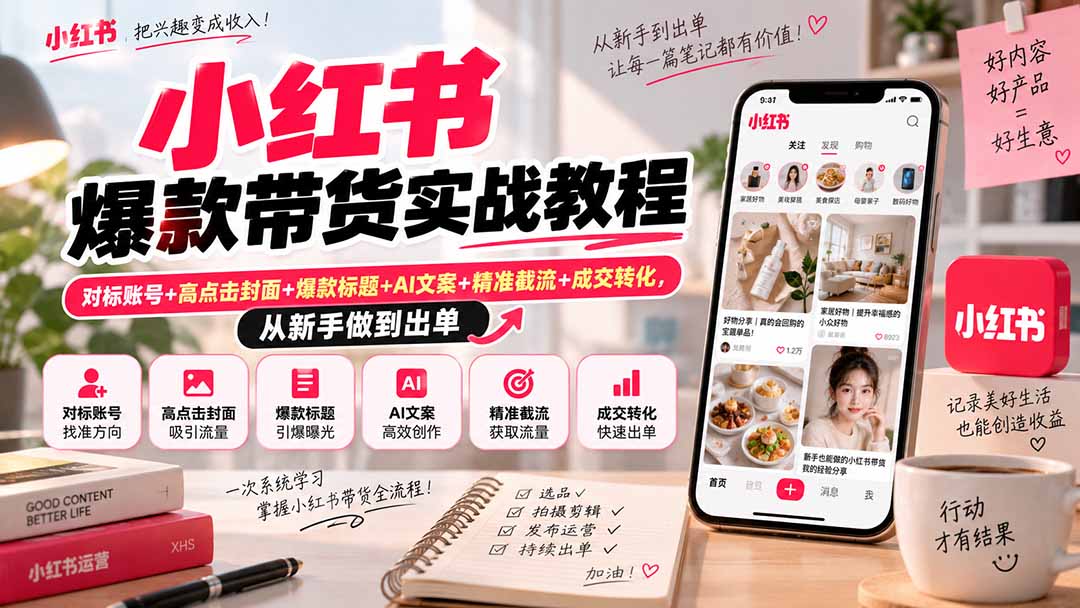 小红书爆款带货实战教程｜对标账号+高点击封面+爆款标题+AI文案+精准截流+成交转化，从新手做到出单-虚拟资料库