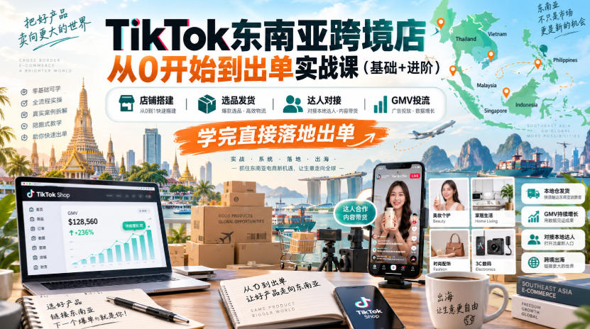 TikTok东南亚跨境店从0开始到出单实战课(基础+进阶)，店铺搭建、选品发货、达人对接、GMV投流，学完直接落地出单-虚拟资料库