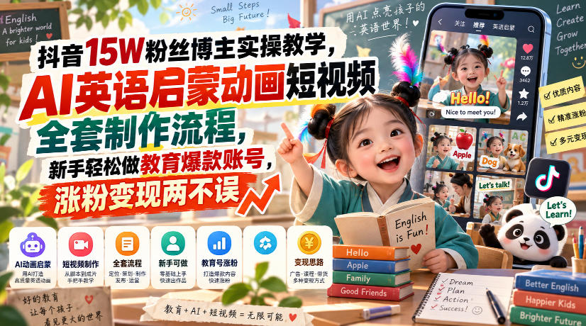 抖音15W粉丝博主实操教学，AI英语启蒙动画短视频全套制作流程，新手轻松做教育爆款账号，涨粉变现两不误-虚拟资料库