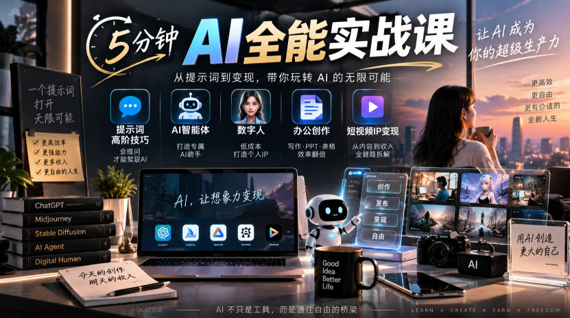 5分钟AI全能实战课｜提示词高阶技巧+AI智能体+数字人+办公创作+短视频IP变现全教程-虚拟资料库